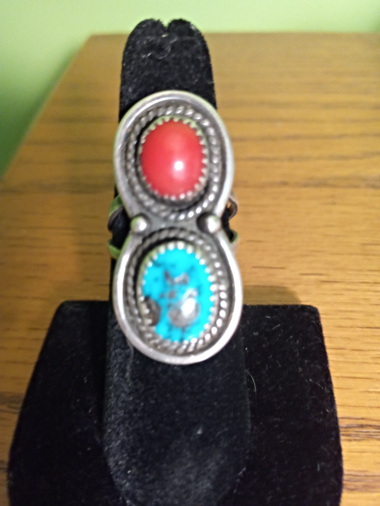 Beautiful Sterling silver turquoise and coral ring size 6