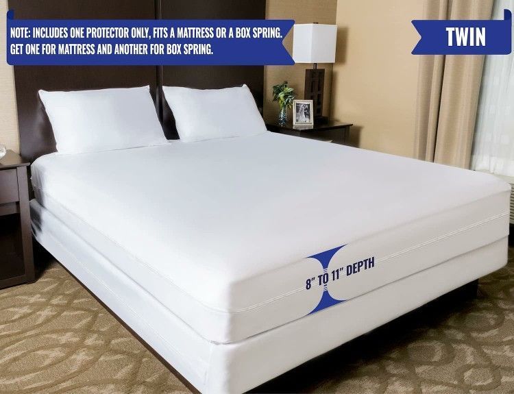 Twin Size Mattress or Box Spring Encasement (8"-11" Depth) Waterproof Zippered Protector Hypoallergenic Premium Single Size Bed Cover Protects