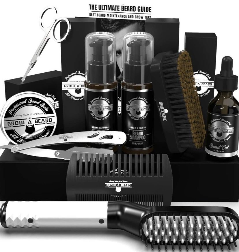 Beard Straightener Grooming Kit for Men, Beard Brush, Double Side Comb, Unscented Growth Oil, All Natural Chanel Balm, Shampoo, Conditioner, Razor & S