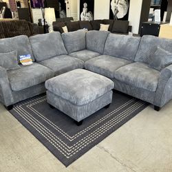 Sectional Sofa with Ottoman In Gray Corduroy 