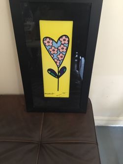 Signed Romero Britto Matted And Framed Lithograph Print Playful Pop Art Heart Flower With COA