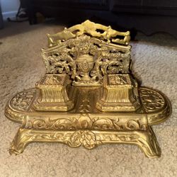 1920’s  Antique French Brass Double Inkwell with Letter Holde
