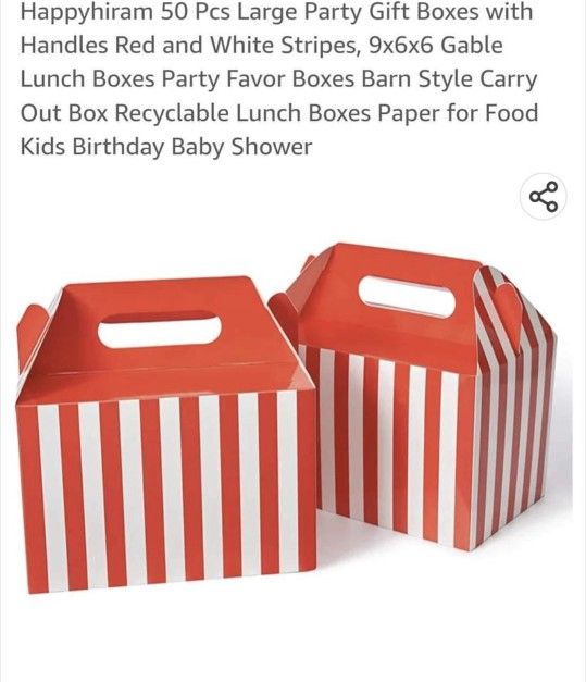 50 PACK Large Party Gift Boxes with Handles Red and White Stripes, 9x6x6