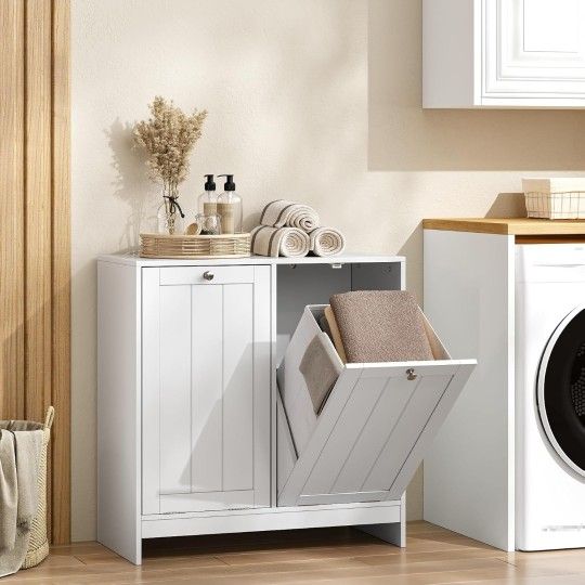 White Double Tilt Out Laundry Hamper Storage Cabinet with 16 Gal. (60 L) Clothes Baskets Hidden Wooden Trash Can Retails $121