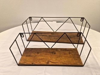 Set of 2 Rustic Wood and Black Metal Floating Wall Shelves