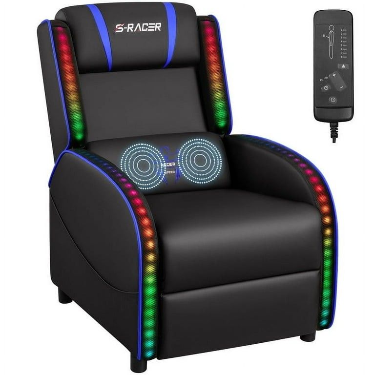 Racing Style Recliner Gaming Chair with Massage Lumbar Support and RGB Lighting, Blue