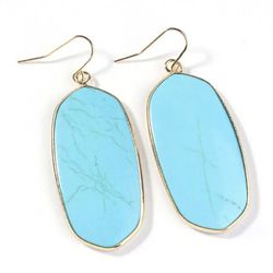 large 14k gold plated Turquoise Teal Blur stone oval hexagon dangle statement earrings