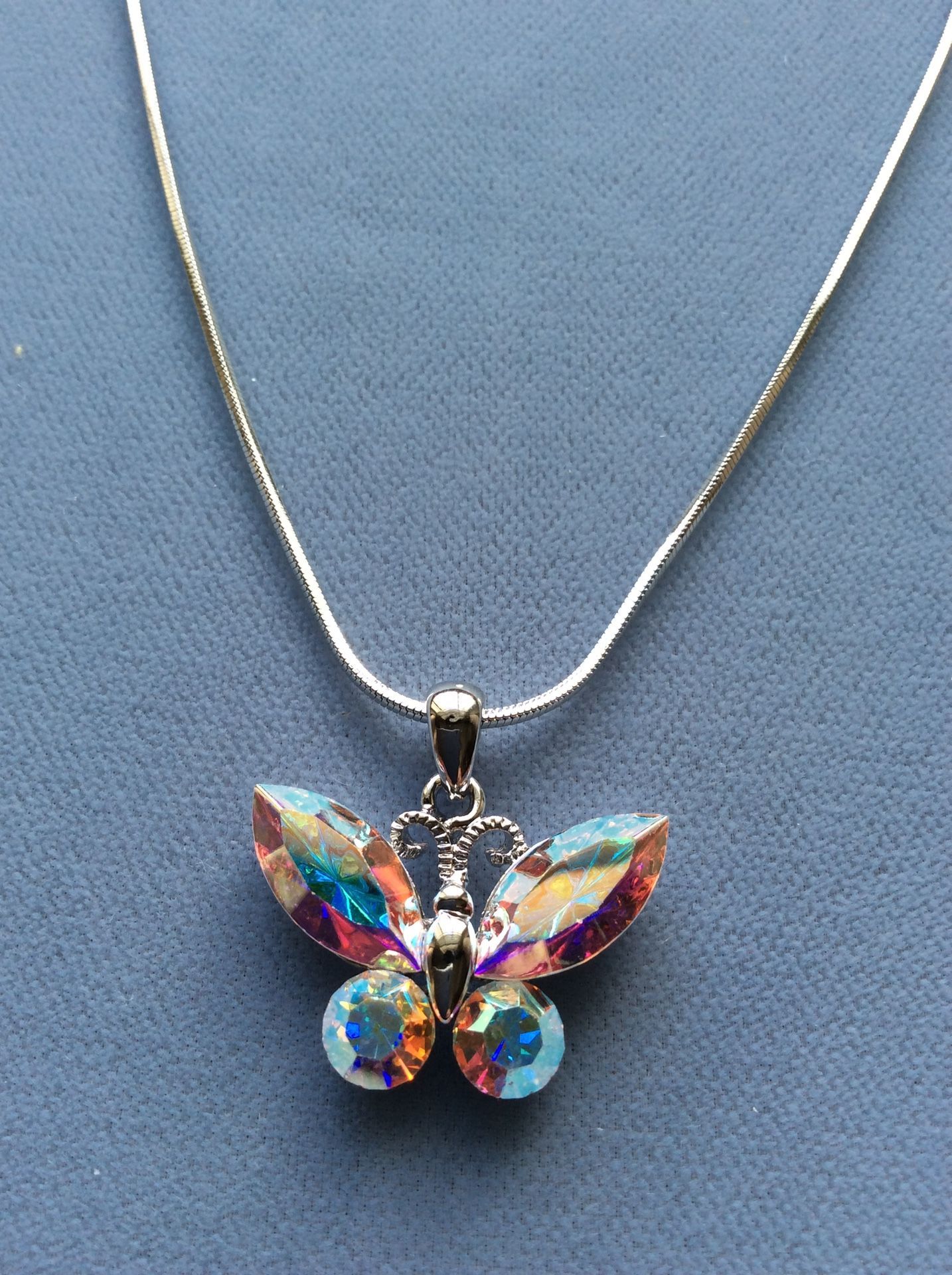 AB Crystal Butterfly Necklace on Snake Chain - Radiates The Colors Of The Rainbow * Pickup Boca Raton