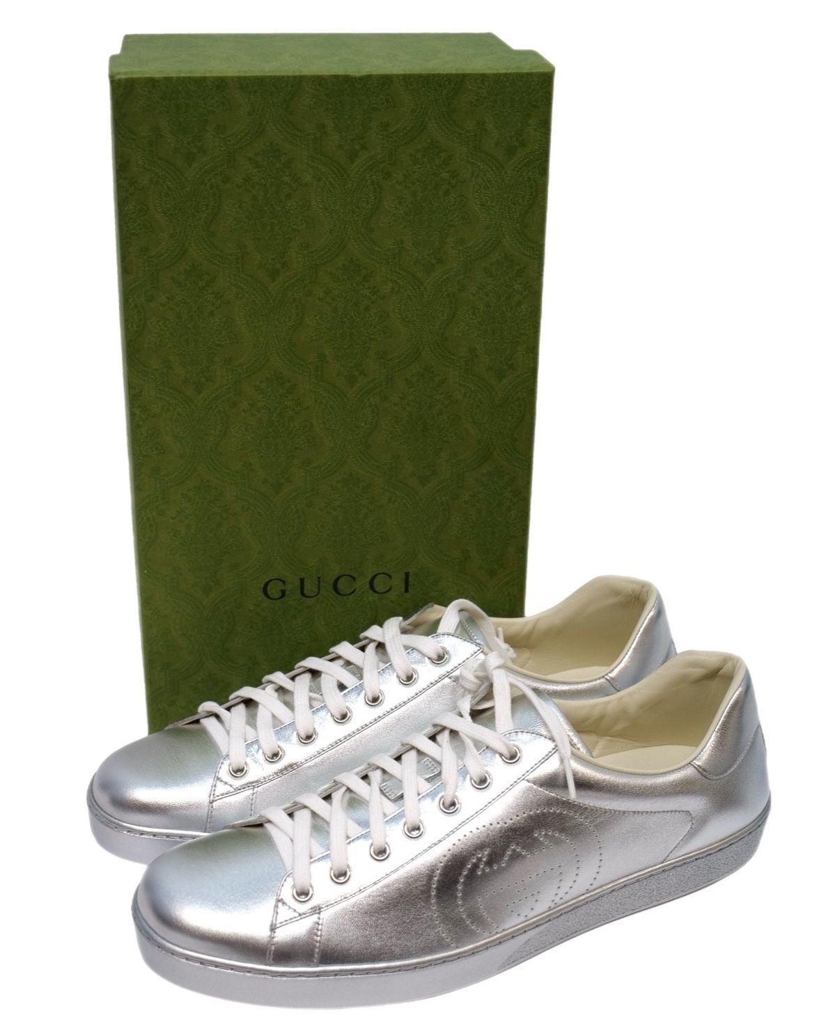 Gucci Ace Mens Low top GG Sneakers 660266 Metallic Silver Leather Size 13 G shoes