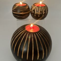 Hand Carved Wooden Tea Light Candle Holders Set if 3