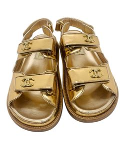 Chanel 22C Gold laminated CC Logo Dad Sandals US Size 7