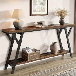 70.9-Inch Narrow Long Entryway Console Table, Industrial Sofa Table Behind Couch with 2-Tier Storage Shelf for Hallway, Living Room, Entrance, Foyer, 