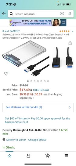 Sabrent 2.5-Inch SATA to USB 3.0 Tool-Free Clear External Hard Drive Enclosure + 22AWG 3 Feet USB 3.0 Extension Cable