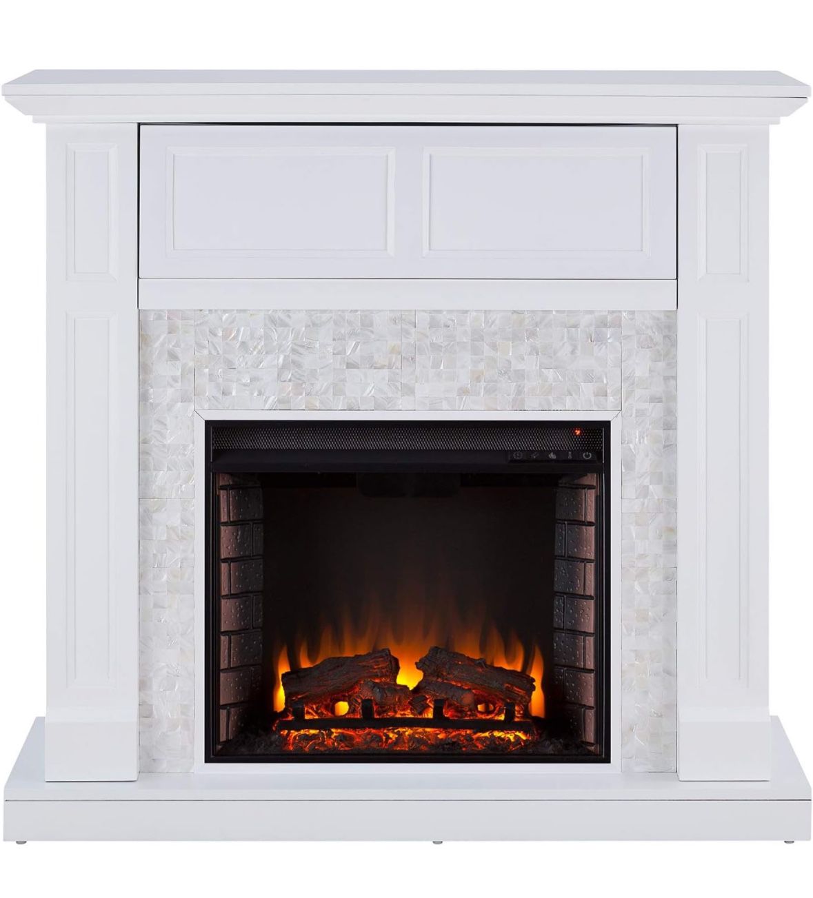 White Electric Fireplace With Hidden Media Shelf And Mother Of Pearl Tiles