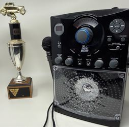 Vintage Armed Forces Day Rotors & Roadsters Auto Class Car Trophy MCAS and  The Singing Machine SML-385 CD+G Karaoke System Disco Light Microphone Bla