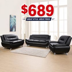 Black Faux Leather 3-Piece Sofa Set