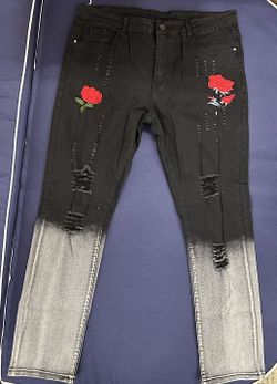 Black Ombre Distressed Jeans - Rose Embroidered Patches, Two-Tone Fade,
Ripped Streetwear Denim | Sizes: 36, 40, 42