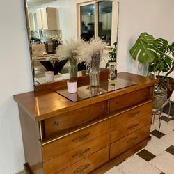 Wood Walnut Dresser With Mirror Vintage Mid Century Style 6 Drawers