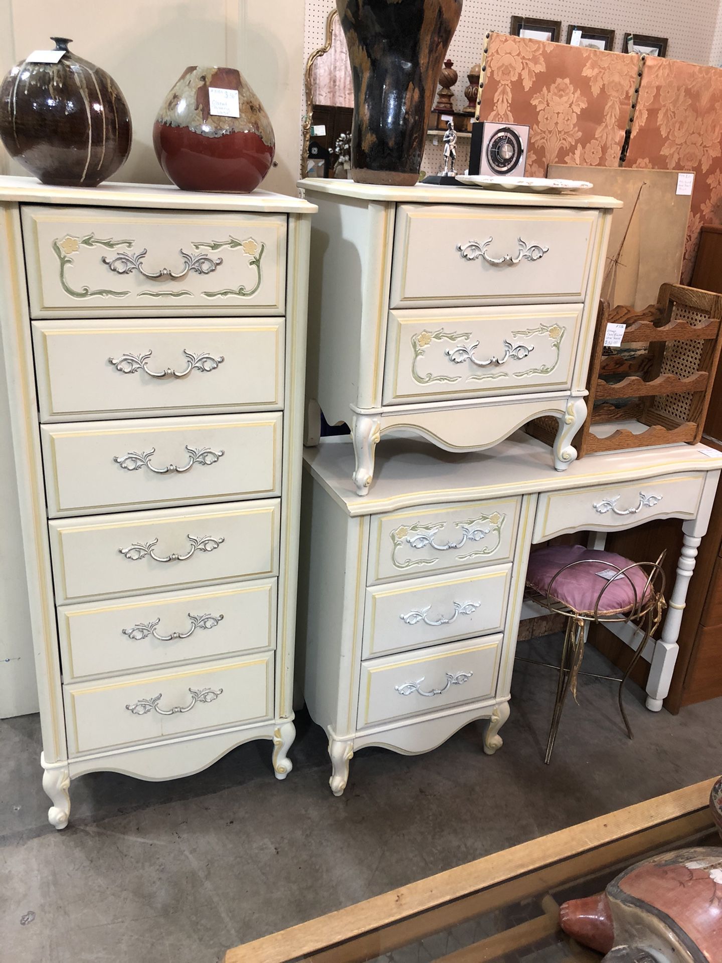 3 pc Vintage Tall Dresser, Desk and Nightstand