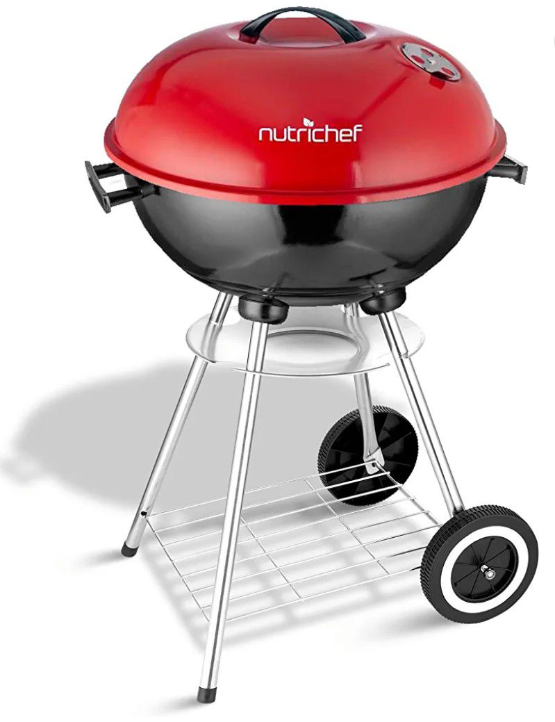 NutriChefKitchen Portable Outdoor Charcoal BBQ Grill, Stainless Steel Charcoal Grill Offset Smoker with Ash Catcher and Red Cover & 16 Lb Bag Charcoal