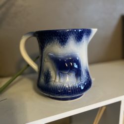 Vintage Blue & White Glazed Stoneware Dairy Cow Pitcher