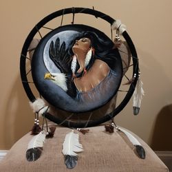 Vintage Native American Indian Woman Eagle Dream Catcher Painting on Black Velvet