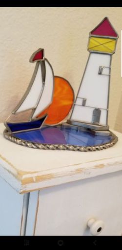 Stained Glass Vintage Lighthouse Accent Decor Piece