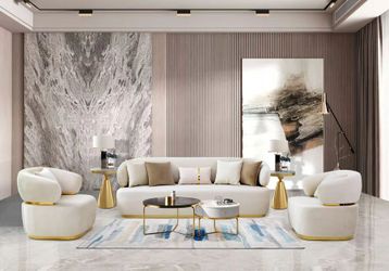 Sofa and Loveseat  White fabric, Gold trim accent, New Especial price 