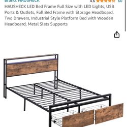 HAUSHECK LED Bed Frame Full Size with LED Lights, USB Ports & Outlets, Full Bed Frame with Storage Headboard, Two Drawers, Industrial Style Platform B