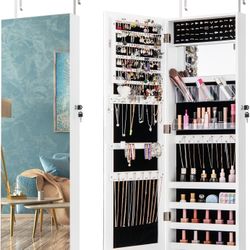 Jewelry Cabinet Wall or Door Mounted, Hanging Lockable Jewelry Armoire Storage with Full Length Mirror, Interior Makeup Mirror, Over the Door Jewelry 