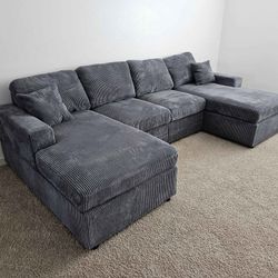 U Shape Sectional Sofa Grey, Black & Ivory Corduroy 