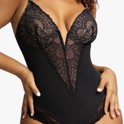 Shapewear Lace Deep V-Neck Sculpting Thong Bodysuit. Available in Small, Medium, Large, X Large, 2X and 3x