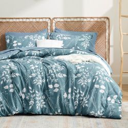 Bedsure Full Size Comforter Set - 7 Pieces Floral Mineral Blue Soft Bedding Sets
