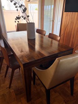 West Elm walnut dining table and chairs Mid Century