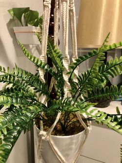 Artificial Fern Plant in NEW White Pot in NEW Beautiful Macrame Hanger Fake Plant Fake Fern Leaves PRICE FIRM