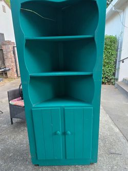 Vintage Solid Wood Corner Hutch / Cabinet – Teal / Emerald Green