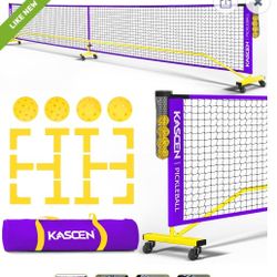 KASCEN 22FT Portable Pickleball Net for Driveway - Pickleball Nets Outdoor Regulation Size Pickleball Net with Wheels, Court Markers, Ball Holder, 4 P