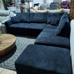 Black Corduroy Sectional With Storage Ottoman 