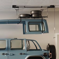 Garage Ceiling Lifting Storage Rack, 4x4 Ft Heavy-Duty Metal Frame, Overhead Storage System With 300lbs Load Capacity, Matt Black