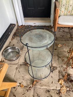 3 LEVEL GLASS &  WROUGHT  IRON  PLANT  STAND