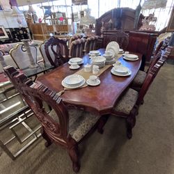 Formal Cherry Wood Dining Set | Table, 5 Carved Ornate Chairs, Leaf