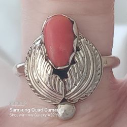 Vtg.Native Dan SIMPLICIO STERLING SILVER WINGS & CORAL RING- SZ7