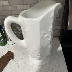 Westmoreland footed milk glass pitcher nine panel Grapevine pattern vintage