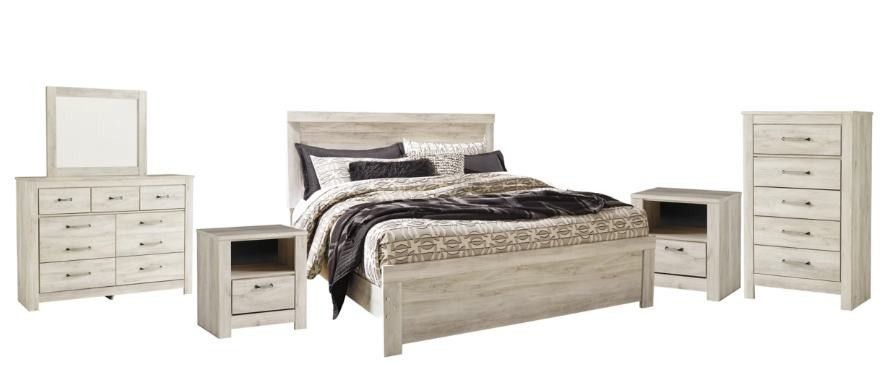 Bellamy King Panel Bed with Mirrored Dresser, Chest and 2 Nightstands
