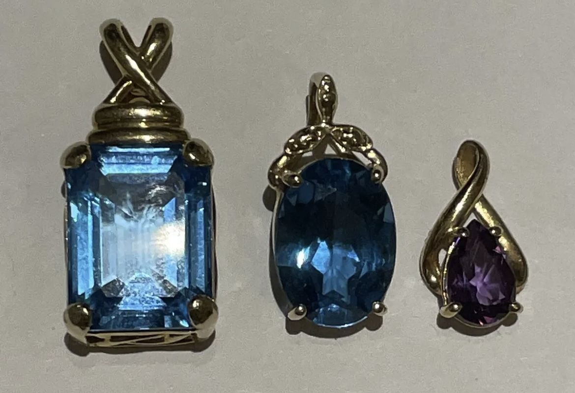 THREE PENDANTS 2 Yellow Gold 10K Blue Topaz & 1 Yellow Gold 10K Amethyst Pendants