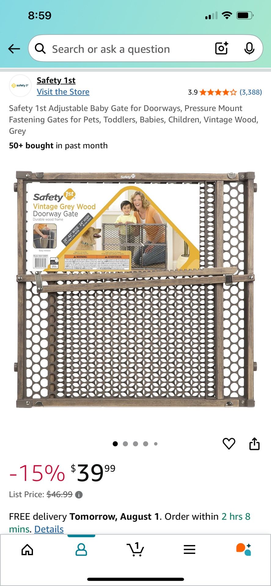 Safety 1st Adjustable Baby Gate for Doorways, Pressure Mount Fastening Gates for Pets, Toddlers, Babies, Children, Vintage Wood, Grey