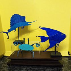 Metal Blue Tropical Fish, Crab Sculptures Sighned by Artist CLAUDINE BUELL 9.5", 8.5", 6"