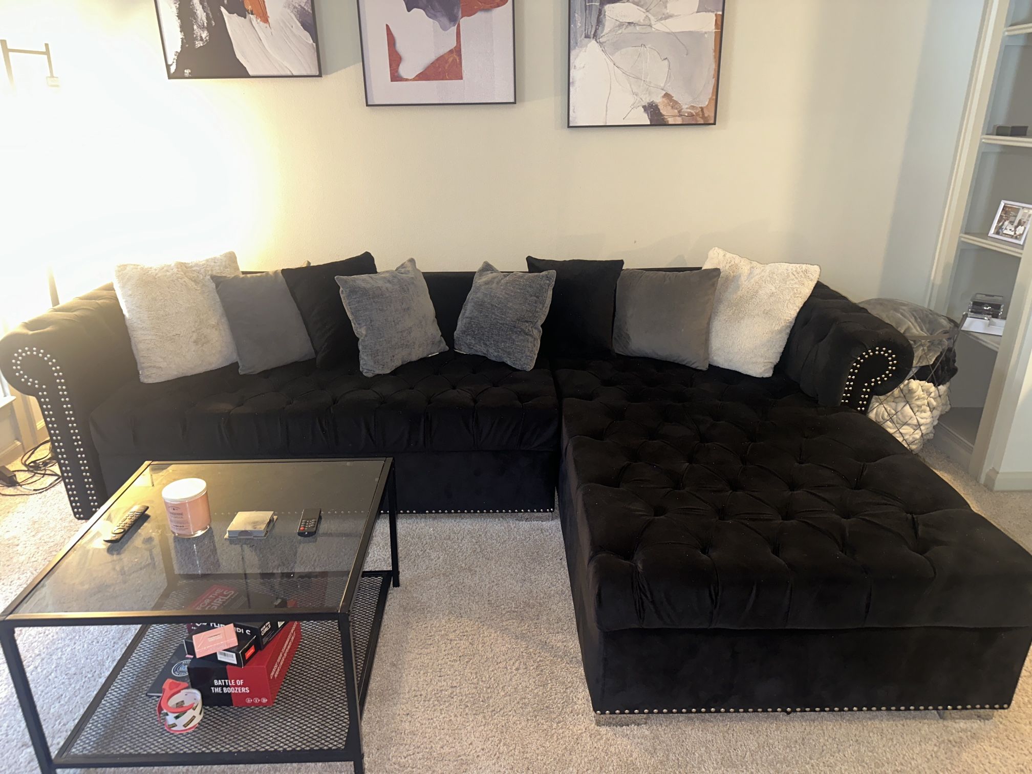 L Shape Velvet Black Sectional Couch