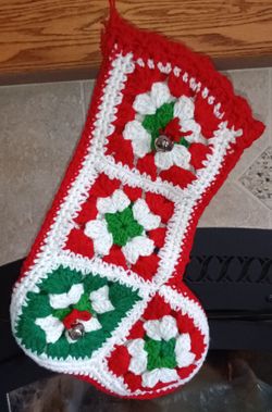 ❤️ Large, Vintage, Handmade, Crochet, Granny Squares, Christmas Stocking! ❤️ Size: 14" x 10"