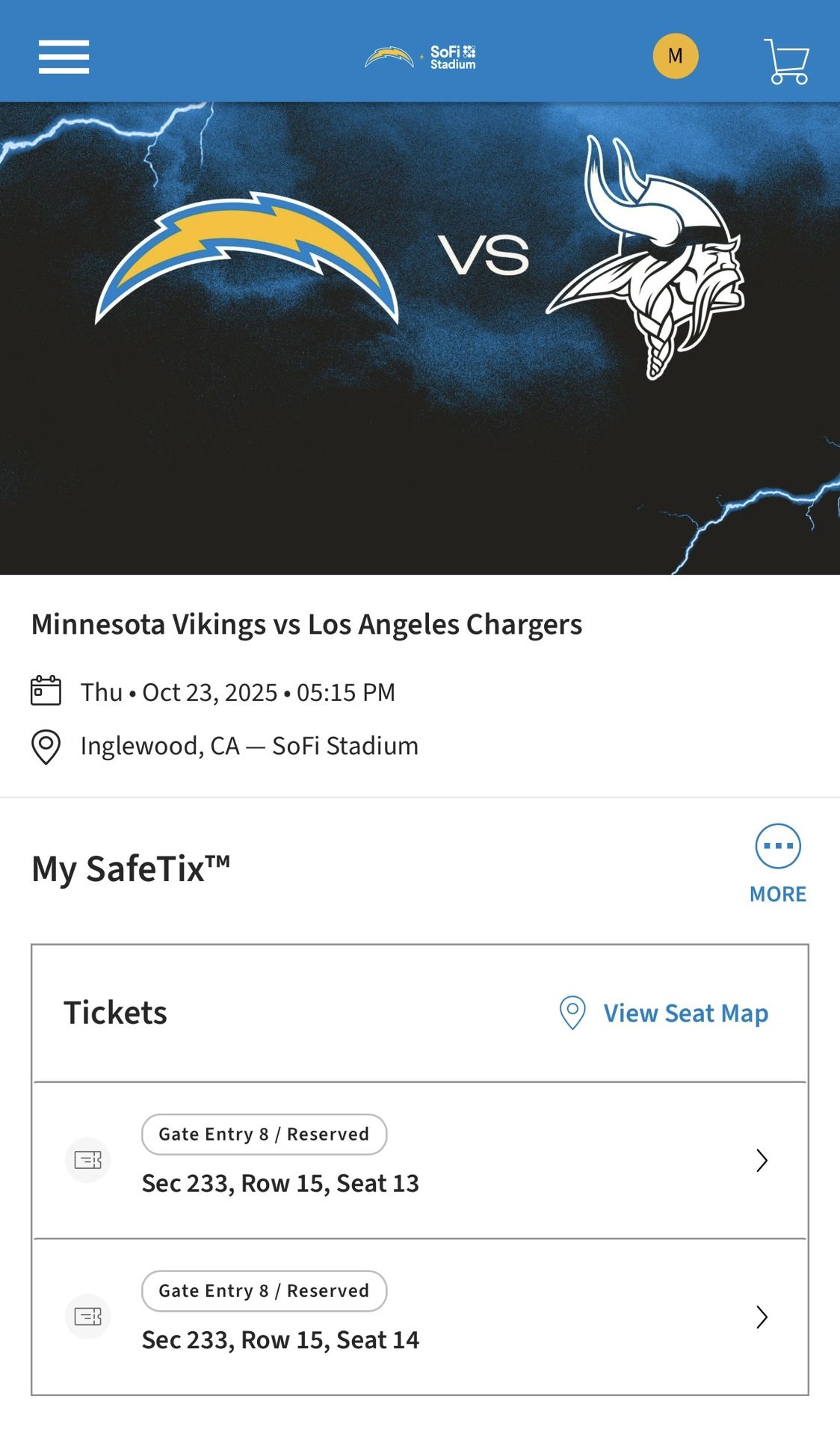 🏈 Chargers vs Minnesota Vikings – 2 Tickets – Oct 23, 2025 @ Sofi Stadium 🏟️